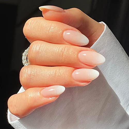 Almond False Nails Short, 24Pcs Nude Pink Gradient Fake Nails, Press on Nails Pattern, Oval Stick on Nails, French Nail Tips with Nail Glue for Women Girls Nail Art(Nude Pink)