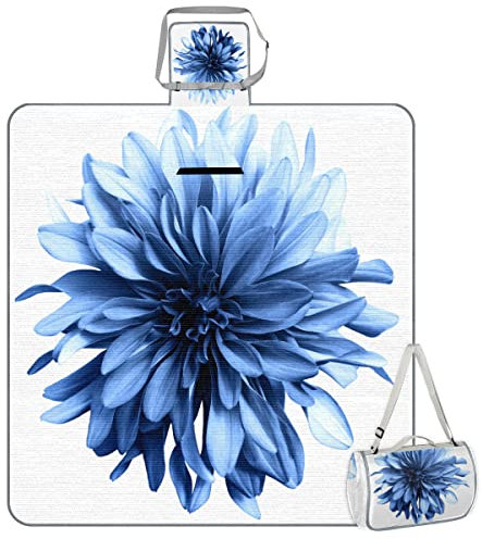 TropicalLife Blumen Dahlien Picknickdecke Blau Blumen Quadratisch Wasserdicht Faltbar Indoor Outdoor Teppiche Matte für Strand Camping Park Familientreffen Aktivitäten