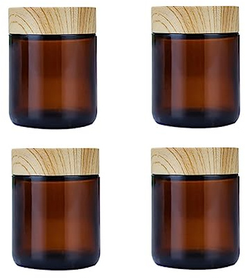 Krämburk av bärnstensfärgat glas, tom, påfyllningsbar kosmetisk behållare med träådring, lock för lotion, kräm, ögonkräm, peelingar, krämer, oljor, salvor, strass, prover, reseförvaring, 4