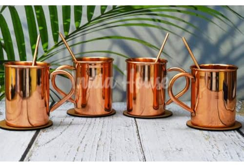 India House Ren Koppar Moscow Mule Cocktailglas | Set med 4 Stycken med Slät Finish, 4 Underlägg och 4 Gratis Sugrör