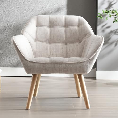 chairus Gepolsterter Armlehnensessel Leinen Einzelsofa Loungesessel für Wohnzimmer Modern Armlehnstuhl mit Holzbeinen (Beige-1)