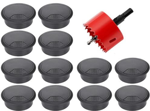 Schreibtisch Kabeldurchführung, 12 Stück 60mm Kabeldurchlass, mit 1 Lochsäge, Kabeldurchgang Runde Kabelführung für Tisch Büro Zuhause Arbeitszimmer Schwarz