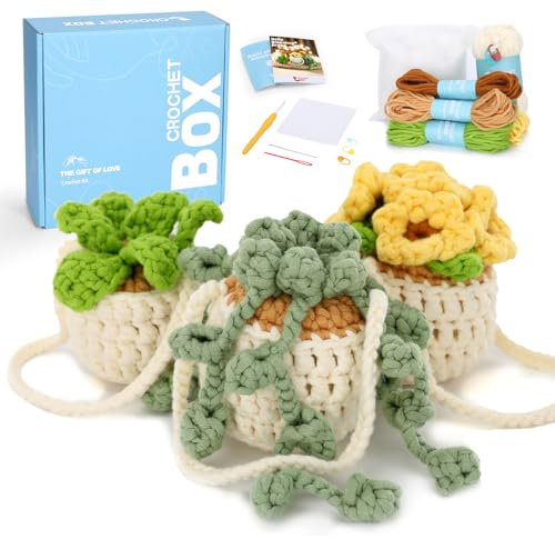 Crochet Kit for Beginners: 3PCS Hanging Potted Plant Starter Crochet Kits with Step-by-Step Video Tutorials and Yarns, Hook, Accessories, DIY Craft Gift for Adults and Kids(30%+ Yarn)
