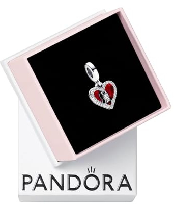 PANDORA Pendente doppio Moments a forma di lucchetto con cuore in argento Sterling con zirconi cubici trasparenti e smalto rosso