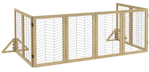 PawHut Hunde Absperrgitter aus Holz, Türschutzgitter, Klappbares Hundegitter mit 8 Platten, Hundeabsperrgitter, Treppenschutzgitter, Kamingitter für Ofen, Natur, 375 x 44 x 70 cm