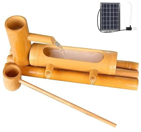 AMERIL Décoration de Fontaine Solaire en Bambou pour Jardin Zen, Patio intérieur et extérieur, Bambou Naturel incassable, Kit de Fontaine d'étang d'arrière-Cour,D