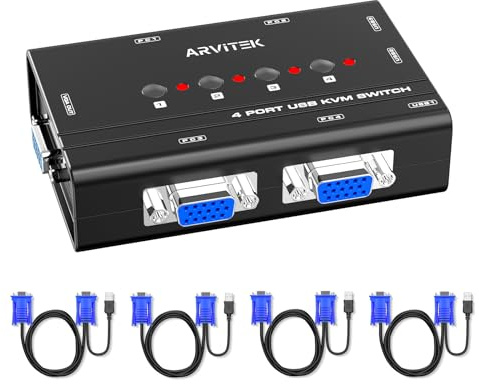 KVM Switch VGA, Switch KVM a 4 porte per 4 computer Condividi un monitor Tastiera Mouse Stampante, 3 Hub USB 2.0, inclusi 4 cavi KVM VGA
