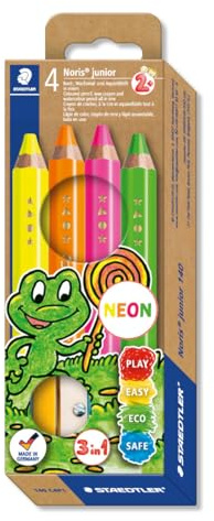 STAEDTLER Noris junior 140 Buntstifte 3 in 1 – 4er Set, mit Spitzer | Bunt-, Wachsmal- & Aquarellstift, extra dicke Mine – für Kinder – Art.-Nr. 140 C4P1