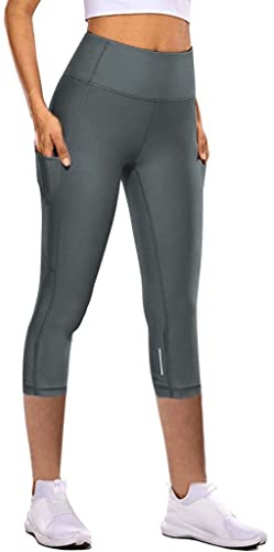 Capri-leggings för kvinnor, 3/4 yogabyxor, träningsbyxor, träningsbyxor, tights med mobilficka, hög midja, gym-leggings, leggings, Grå, XL