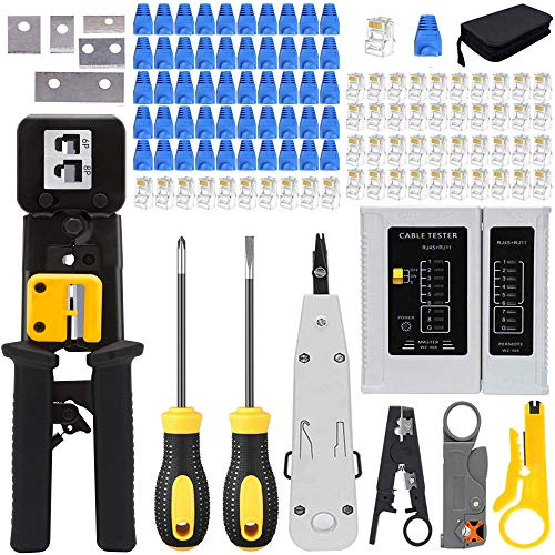 MAYLINE RJ45 4P/6P/8P Comprobador de Cable de Red CAT5 CAT6 Pelacables Alicates de Network Tool Kits Red Profesional Mantenimiento de la LAN Tester Herramientas de 50 Conectores (Negro)