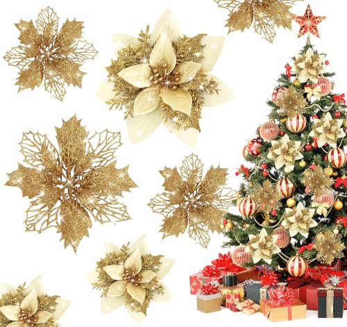 Agoer Lot de 24 Fleurs de Noël Artificielles, Fleur Artificielle Poinsettia à Paillettes pour Sapin de Noël - avec Clip et Tige - 15 cm - Fleurs dorées - Décoration pour Mariage, fête, Noël(Or)