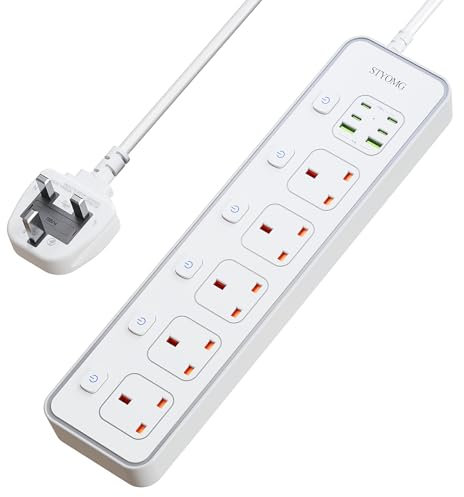 SIYOMG Extension Lead with USB Slots, 5 Way Plug Extension Socket with Individual Switches, 2 USB Ports and 4 USB-C Ports, 1.8 Extension Cable with Switches, UK Multi Plug Power Strip Extension Cord