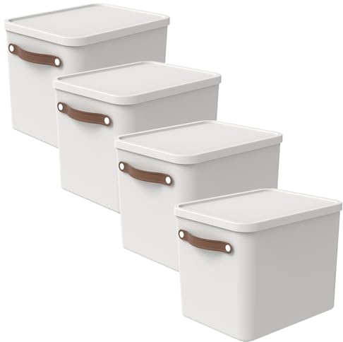 Rotho Maloja Aufbewahrungsbox mit Deckel 4er-Set 27 L stapelbar Cremeweiß | Aufbewahrungsboxen im 4er-Set, Kisten Aufbewahrung mit Deckel, sicher verschließbar, mit Griffen, modular stapelbar