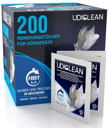 200 Udiclean-Reinigungstücher für die Reinigung und Pflege von Hörgeräten | Befeuchtete und einzeln verpackte Schnelltrockentücher beseitigen Fett Schweiß und Schmutz