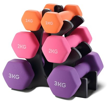 TEENO Neoprene Dumbbells Set of 6 with Rack, Water-Resistant Surface,1kg 2kg 3kg Weight Lifting Dumbbell Kit, Home Strength Training, Pink/Orange/Purple