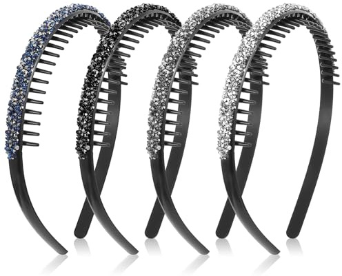 JIEYAO Glänzende Zahnkamm Haarreifen, 4 Stück Strass Stirnband mit Zähnen Damen Zickzack Haarreif Rutschfest Haarreifen Kamm Haarband aus Kristall Zig Zag Headband Zinken Haarschmuck Mädchen