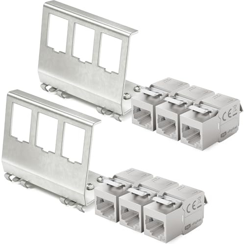 hb-digital Set: 6X CAT.6a Keystone RJ45 Modul + 2X Hutschienenadapter Metall Keystone-Halterung für Hutschiene 35mm Standard | RJ45-Jack geschirmt Edelstahl LSA Montage Ethernet LAN Netzwerk Switch