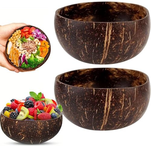 trabag Lot de 2 bols en noix de coco – Végétalien sans plastique, bols en noix de coco, fabriqués à la main avec de l'huile de coco poli (13-15 cm)