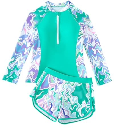 WYTbaby Badeanzug Mädche Langarm Zweiteiler Schwimmanzug Mit Badehose Uv Badebekleidung Mädchen 9-10 Jahre