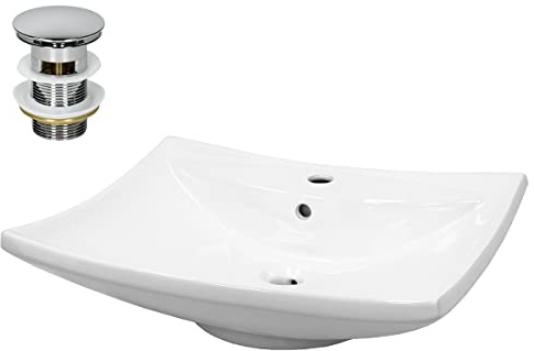 LuxeBath Waschbecken Keramik 605x460x165 mm Weiß mit Ablaufgarnitur Silber, Aufsatzbecken mit Überlauf, Aufsatzwaschbecken für Badezimmer/Gäste-WC, Waschtisch Waschschale Waschplatz Handwaschbecken