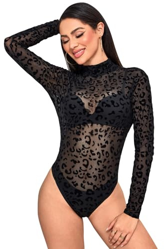 BALAYSIER Mesh Body Damen Langarm Hohe Elastizität Bodysuit Women Hohen Kragen Sexy Bodys für Partys und Raves(Schwarzer Leopard,2XL)