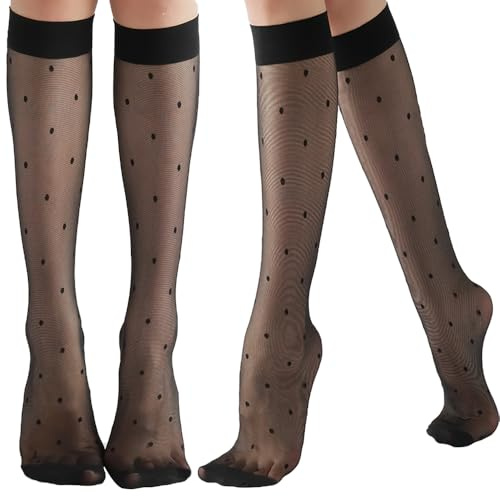 ZIHUA 4 Pairs Polka Dot Pattern Nylon Pop Socks Women Knee High 20 Denier Sheer Knee High Pop Stockings Black