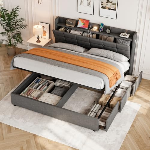 Miyemo King Size Bed Frame with Storage Drawers & Hydraulic, 5ft Upholstered Ottoman Bed with Charging-Station & LED-Lighting, Linen Bed with Concealed Headboard Storage, Grey, 150x200cm, No Mattress