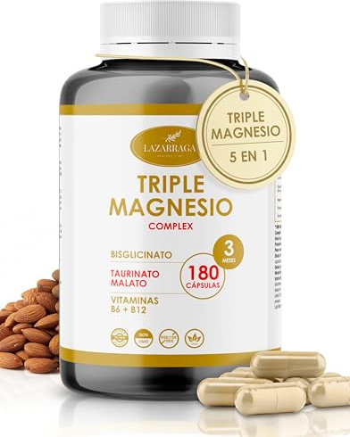 TRIPLE MAGNESIO COMPLEX 5 EN 1 | Bisglicinato + Taurinato + Malato + Vitaminas B6 y B12 | 250 mg Magnesio Elemental Diario | 180 Cápsulas Veganas | 3 Meses | Suplemento Premium | Energía y Vitalidad