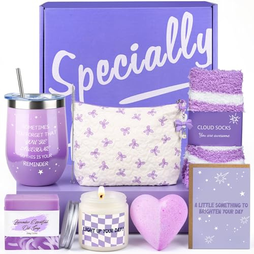 Birthday Gifts for Women, Lavender Self Care Gifts Set for Her, Purple Spa Gift Basket with Tumbler, Cosmetic Bag, Scented Candle, Thank You Gifts for Mum, Best Friend, Christmas, Valentines Day