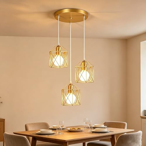 Goeco Vintage Pendelleuchte Hängelampe Gold 3 Flammig, Modern E27 Metall | Pendelleuchte Decke Hängend Industrie Höhenverstellbar für Esszimmer Küche Wohnzimmer Schlafzimmer Flur
