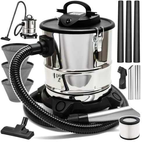 Aschesauger 20L 1650W Kaminsauger Staubsauger (Kabellänge ca. 4m) Inkl. HEPA Filter + Blasfunktion + 3x Saugrohr + DUAL Filter System + 3x Sackfilter, Antistatische Ableitkette, Aschesauger für Kamin