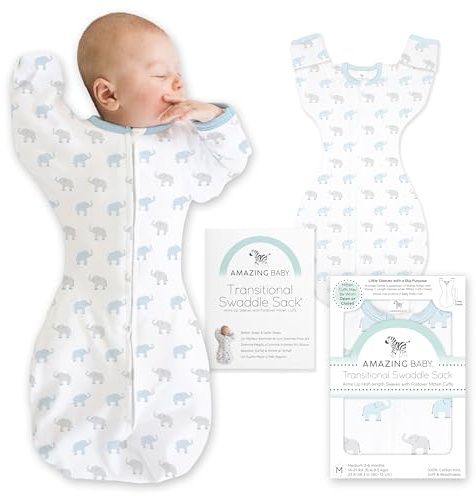 Amazing Baby Übergangs-Pucksack Baby, Pucktuch & Puckschlafsack für Neugeborene mit Arme-nach-Oben-Design, halblangen Ärmeln & Fäustling-Bündchen, S, 0-3 Monate, Tiny Elephants, Blue