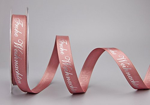 Deko Angels Dekoband Frohe Weihnachten Altrosa/Rosenholz/Silber (Text) 20 m x 15 mm (Rolle) Geschenkband Satin Sterne Spruch Schleifenband in Premium Qualität von FINEMARK