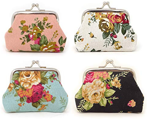 Honbay 4PCS Canvas Floral Rose Flower Coin Purse Kiss Lock Change Purse Vintage Trinkets Pouch Small Women Wallet Clutch Purse