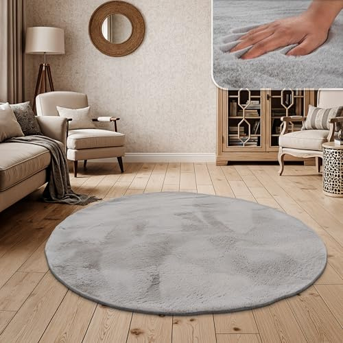 Paco Home Hochflor Teppich Wohnzimmer Schlafzimmer Shaggy Modern Flauschiger Fellteppich Weich Fell Imitat Kunstfell Einfarbig, Grösse:120 cm Rund, Farbe:Grau