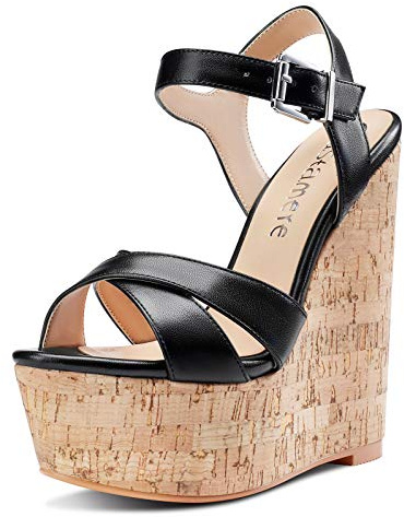 Castamere Escarpins Wedge Femme Bout Ouvert Sandale Cale Bride Cheville Slingback Plateforme Talon Noir Pu Chaussures EU 45