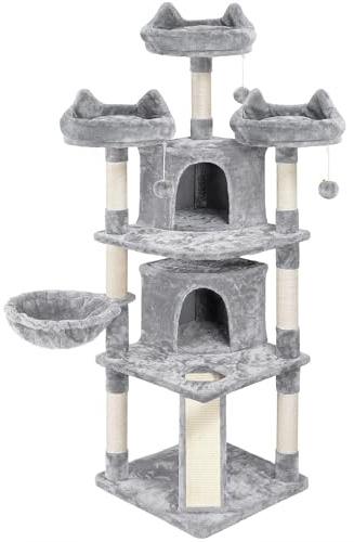Yaheetech Arbre a Chat Géant 175 cm avec Griffoir Arbre à Chat Design Arbre à Gratter Tour de Jeux avec 2 Grottes Spacieux 3 Plateformes Planche à Gratter Gris Clair