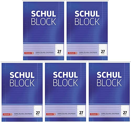 Brunnen 1052527 Schulblock/Notizblock (A4, 50 Blatt, liniert, mit Randlinien, Lineatur 27, gelocht, kopfverleimt, 70 g/m²) (5 Blöcke)