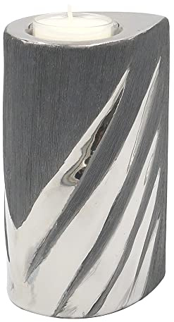 Edler moderner Deko Designer Keramik Teelichthalter in Silber-grau, Maße L/B/H ca. 7 x 9 x 14 cm.