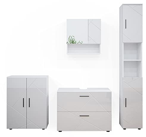 Vicco Badmöbel-Set Irma, Weiß Hochglanz, 80 cm, besteht aus Waschbeckenunterschrank, Spiegelschrank, Hochschrank und Midischrank