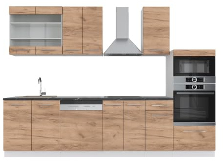 Vicco Cuisine Fame-Line, Chêne doré/Blanc, 300cm avec Armoire Haute, sans PT, pour Une Extension individuelle avec des modules complémentaires