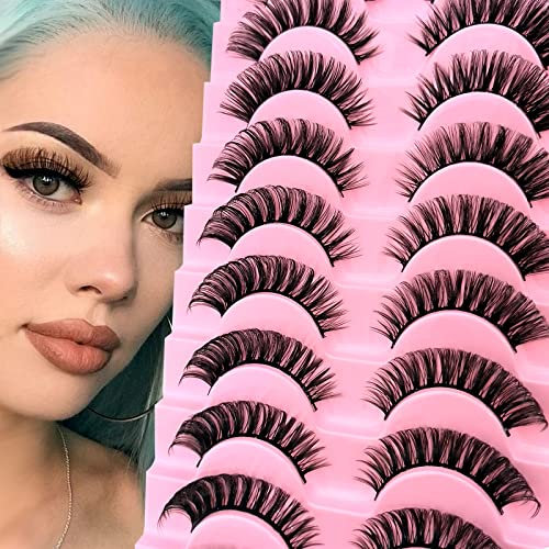 10 Paires de Faux Cils Artificiels 3D Russes Look Naturel, Curly Cat Eye Lashes D Curl avec Volume Naturel Wispy Cils Oeil de Chat (22)