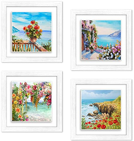 Lupia - Set 4 Quadri moderni stampa su CERAMICA cornice Shabby MODERN White TROMPE Panorami floreale 18x18 cm