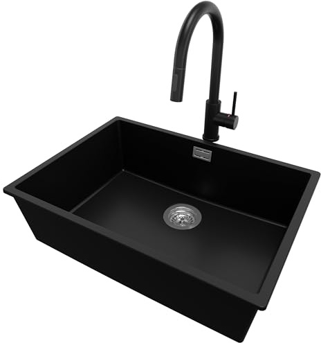 PRIMAGRAN Fregadero Granito Negro 66x47cm, Cocina 1 Seno + Grifo 40x20cm + Sifón, Sobre Encimera al Mueble 70cm - London Slim S405