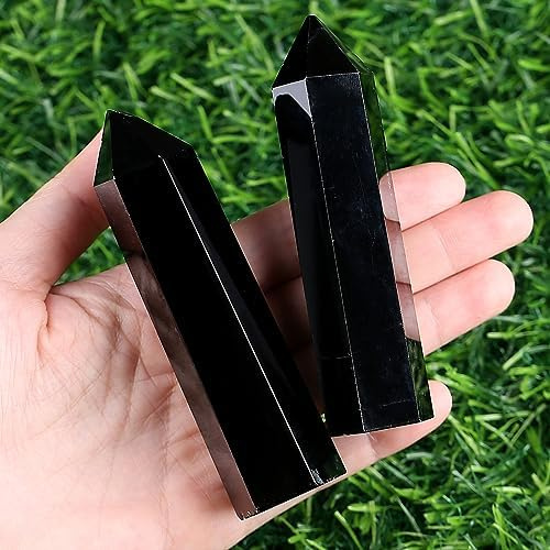 XIANNVXI 4 Groß Obsidian Kristalle Turm Edelstein Stab Kristall Steine Türme Hexagonal Punkt Stäbe Natürlicher Meditation Energie Stein 9-10cm 1PC