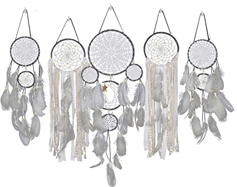 UIYIHIF 5er-Pack Extra Große Traumfänger, Makramee-Wandbehang, Dekoration, Handgefertigt, Traditionelle Federn, Traumfänger für Kinder und Erwachsene, Kreative Heimdekoration, Boho-Ornament,(Khaki)