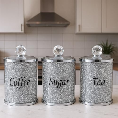 BMLIMITED BML Diamond Crushed Tea Coffee Sugar Canisters Jars Kitchen Sparkle Kitchenware Storage Silver Trimmings Crystal Modern Containers Filled Black Writing