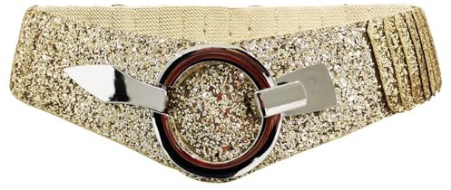 Glamexx24 Elastischer Damen Taillengürtel gürtel 6cm breiter Hüftgürtel mit silberner Ring (Gold Strass, Taillenweite 75cm-110cm)