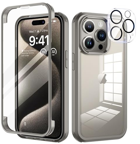 seacosmo für iPhone 15 Pro Hülle mit eingebautem Panzerglas Displayschutz und Kamera Schutzfolie [9H HD], 360 Grad Handyhülle Ganzkörper Stoßfeste iPhone 15 Pro Case - Grau