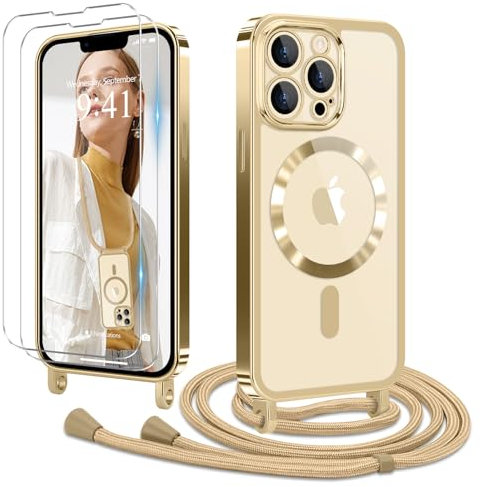 Ethanger Handyband für iPhone 13 Pro Max Hülle mit Band + 2 Stück Glas Schutzfolie Transparent Silikon Handyhülle Magnetische Schutzhülle für iPhone 13 Pro Max Gold